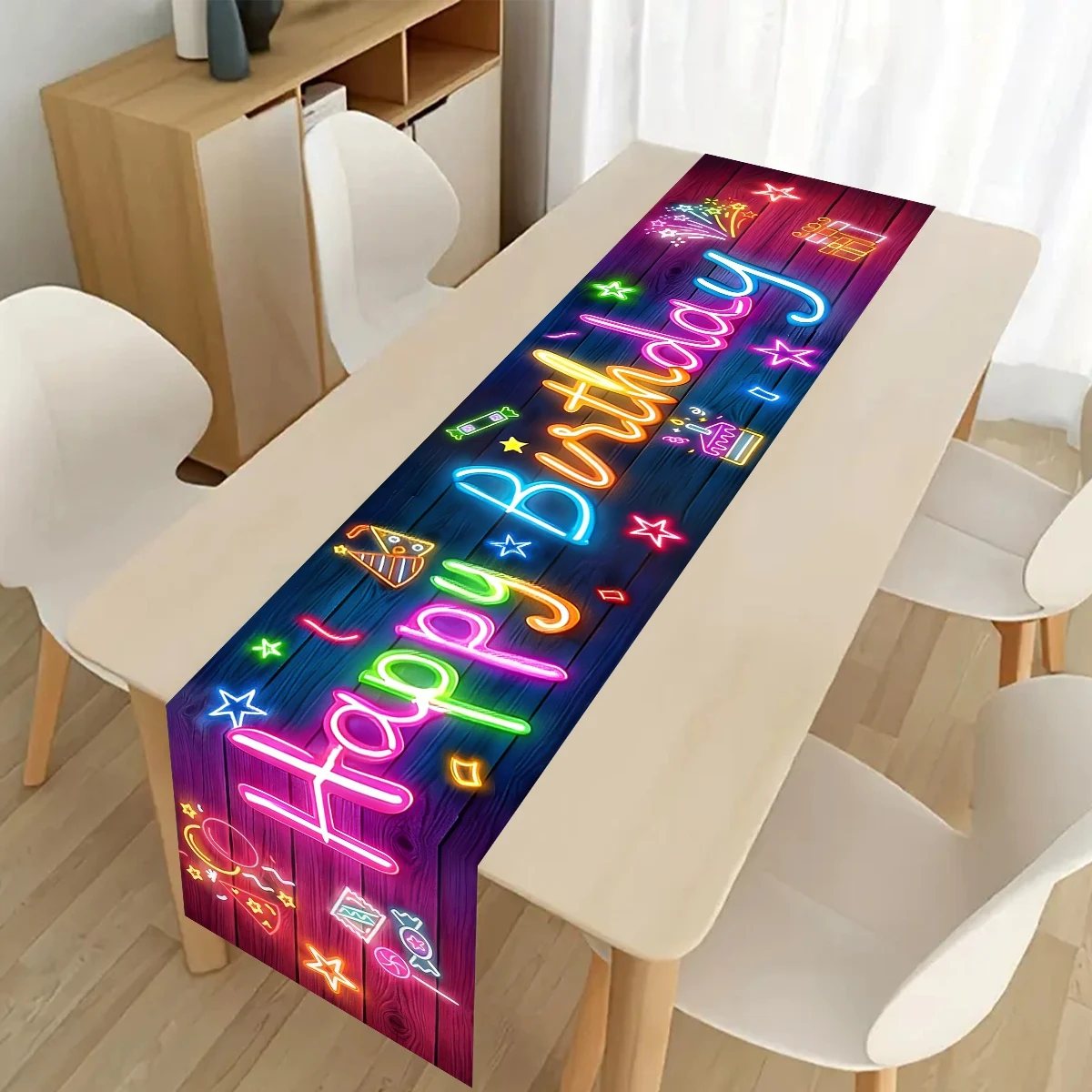 1pc Birthday Table Runner Neon Fluorescent Happy Birthday Pattern Polyester Table Cover for Birthday Party Table Decorations