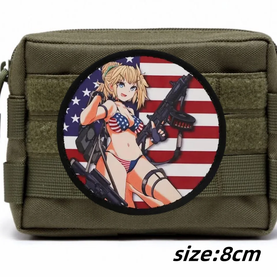 American Flag Girl Printed Patch Gun Morale Badge Military Tactical Patches Backpack Armband  Hook and Loop Stickers for Clothes