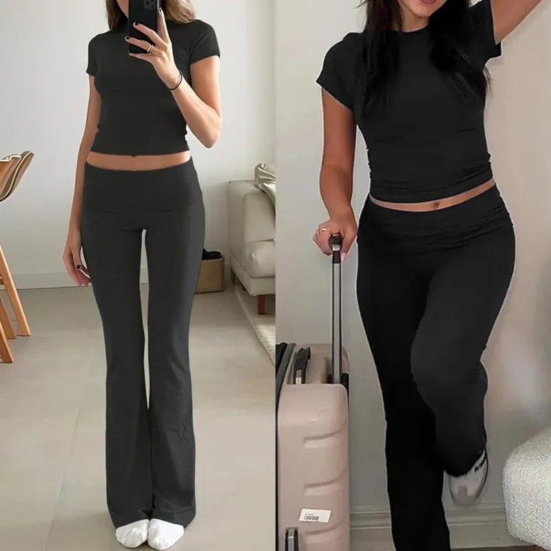 Low-Rise Flared Pants O-neck Short Tees Women's Matching Sets Sports Casual Vintage Y2K Slim Sexy Cheap Clothes Gym Set Woman
