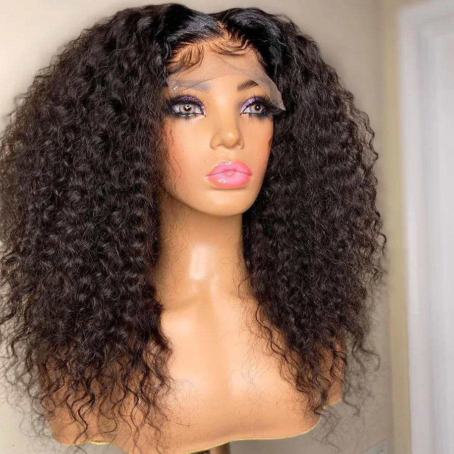 Soft Natural Black Glueless Long Kinky Curly 180Density 26inch Deep Lace Front Wig For Women With Baby Hair Preplucked Daily