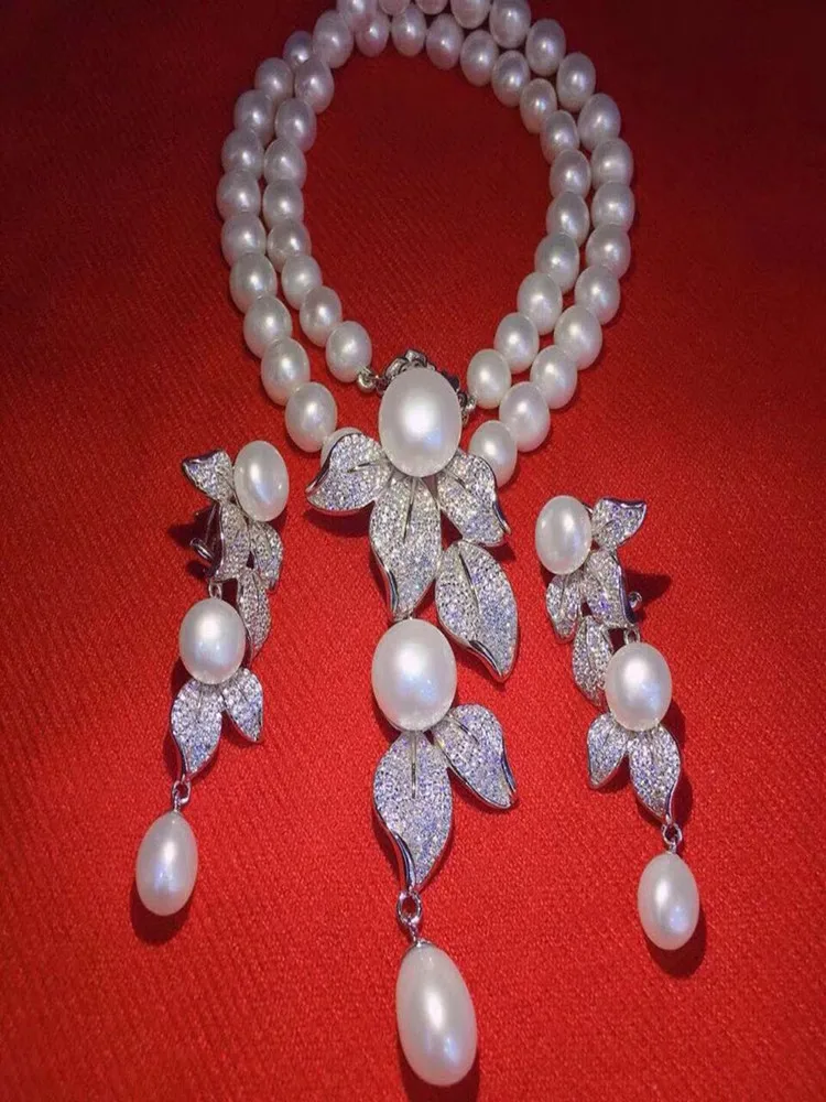 ones set  freshwater pearl flower pendant necklace earrings white near round  wholesale nature beads