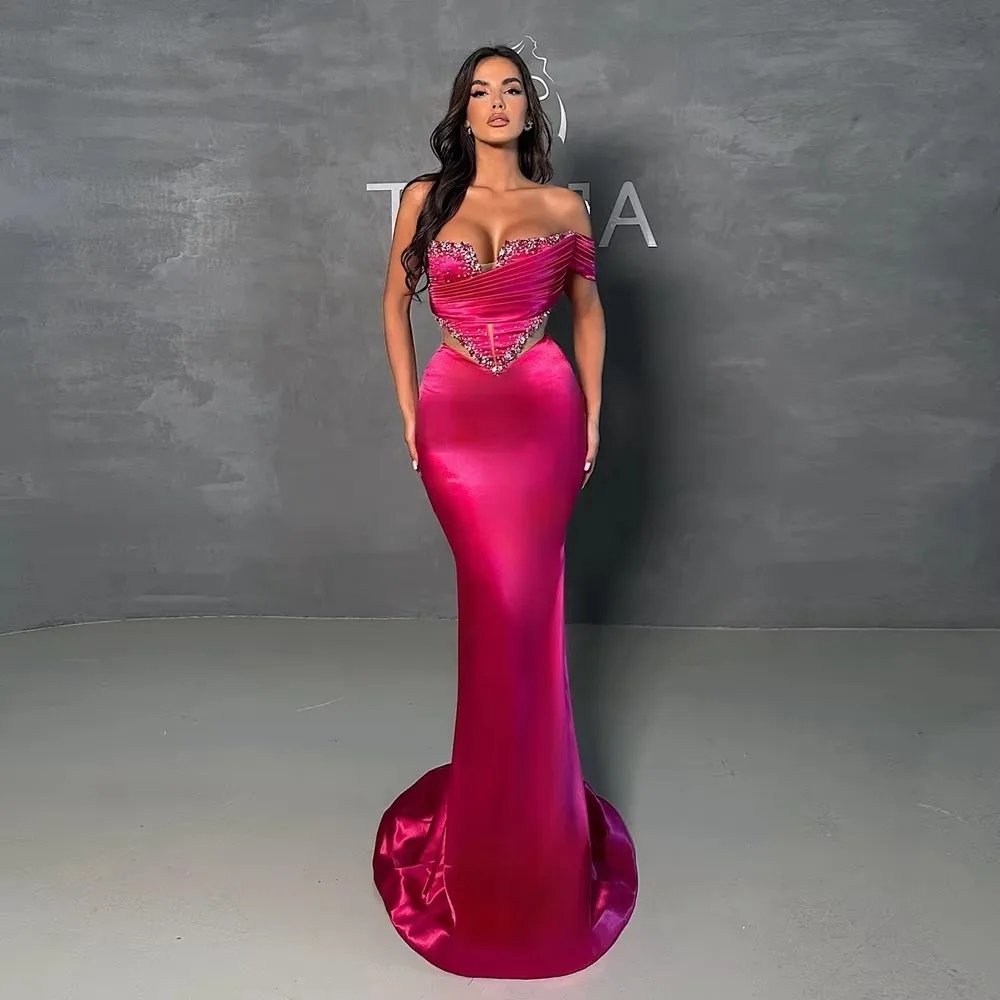 One Shoulder Crystals Mermaid Evening Dress High Quality Beading Satin Prom Dresses Fashion Taffeta Celebrity Pageant Gowns