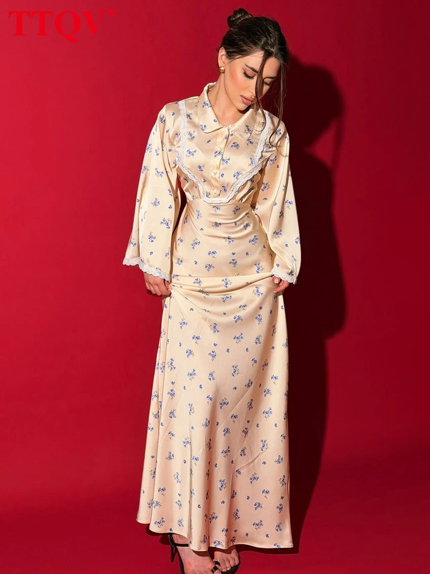 TTQV Fashion Slim Print Women's Dress 2026 Autumn Lapel Long Sleeve Maxi Dresses Lady Elegant Classic Female Dress Streeetwear view 4