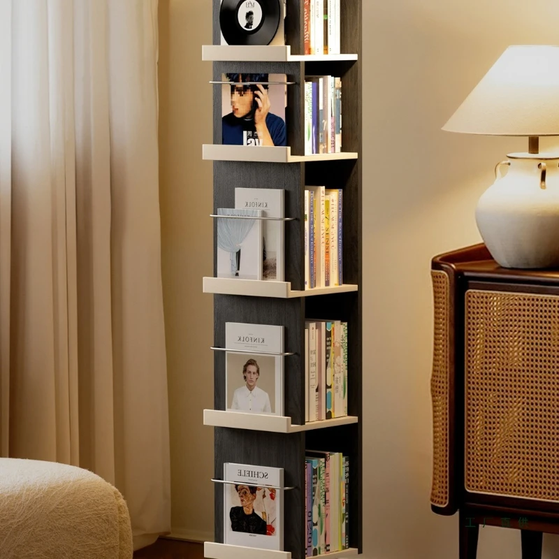 

Black and white rotating bookshelf 360-degree bookcase corner does not take up space Shelf with full-body mirror integrated