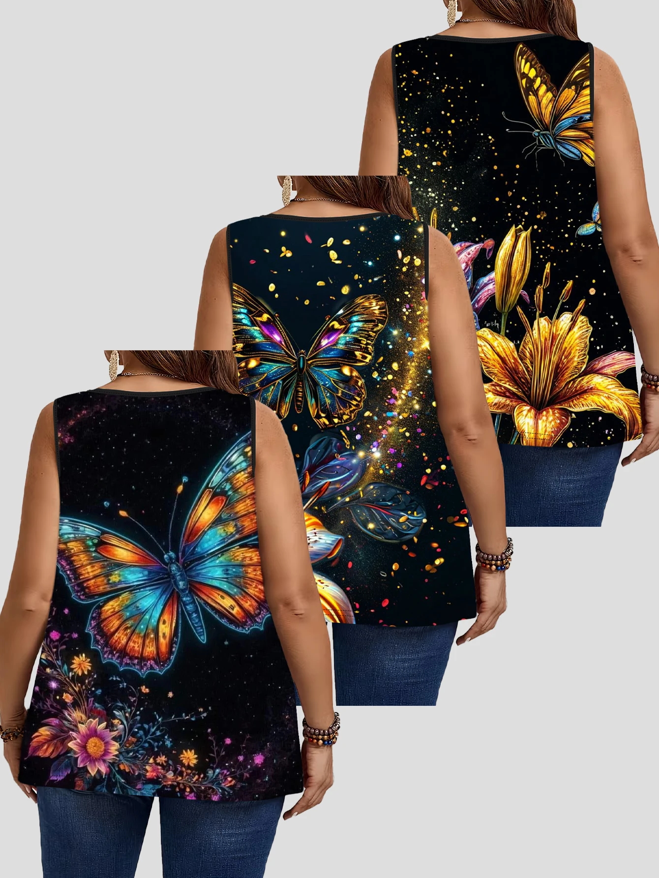 3-Piece Set of Black and Gold Glitter Butterfly Lily Print Sleeveless Vest for Women, Plus Size Round Neck Pleated Loose Outerwear Long Top