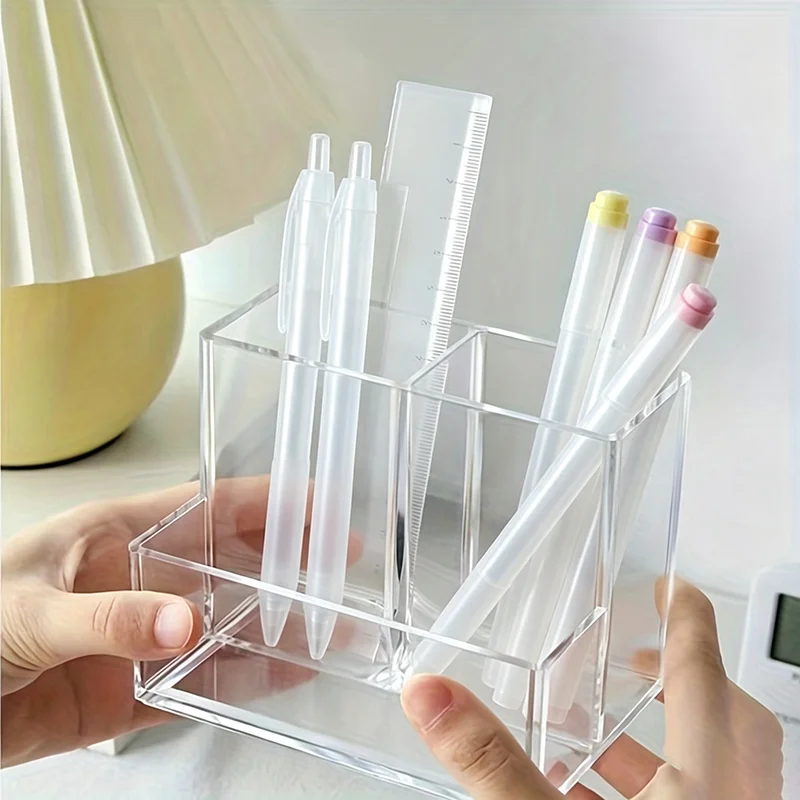 1pc The Transparent Acrylic Three-compartment Pen Holder for Desk Renovation, Student Desktop Storage Box