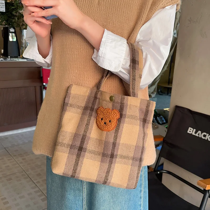 Cute Bear Handbag Women Checkered Mini Canvas Bag Japanese Casual Color Wide Stripe Plaid Tote Bag Student Reusable Shopping Bag