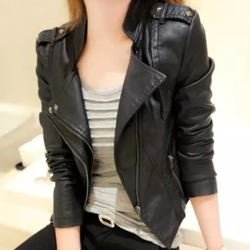Women's Korean Style Motorcycle PU Leather Short Slim-Fit Coat with Vertical Collar And Rivets New Arrival Fashion Outerwear