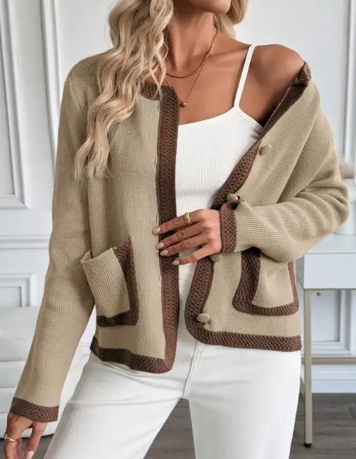 

Autumn New Retro Contrasting Color Versatile Small Fragrant Style Knitted Cardigan Women's Sweater Jacket
