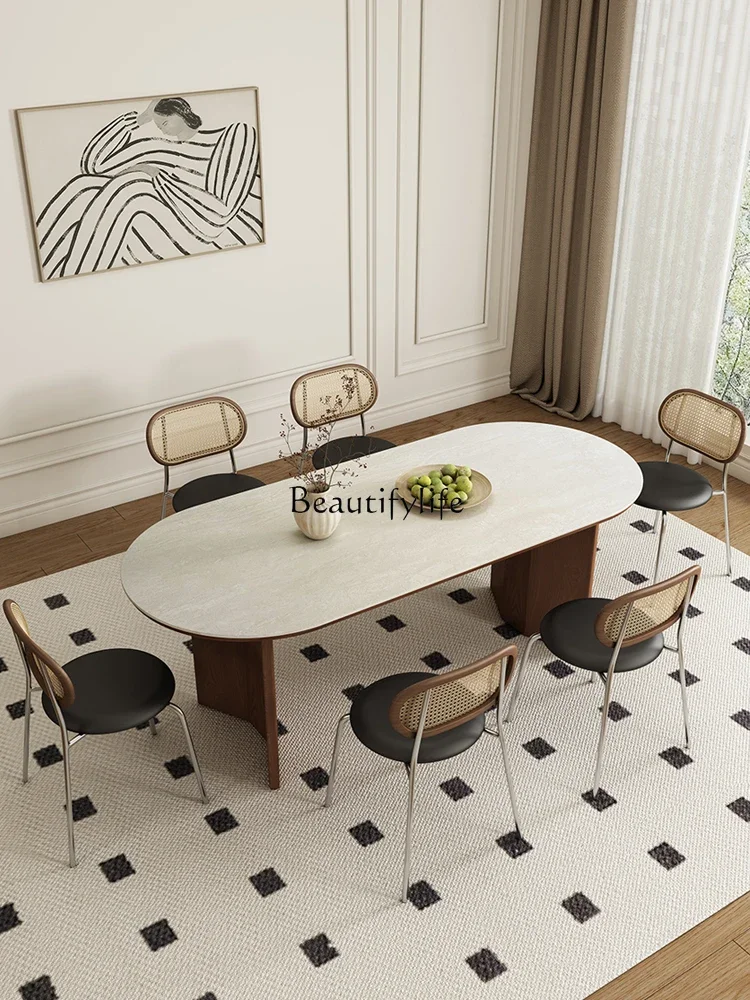 

French style silent wind retro solid wood travertine rock slab oval dining table simple and modern