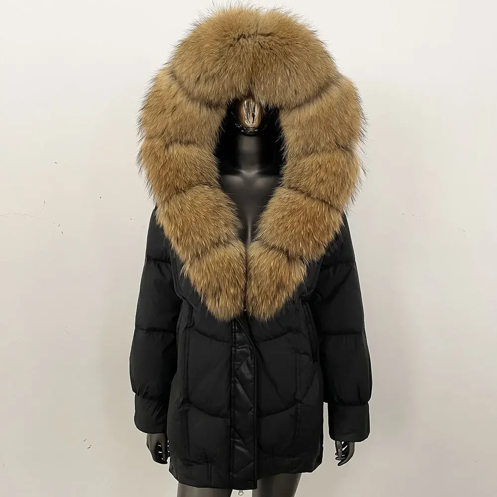 Płaszcz puchowy z kapturem z prawdziwego futra lisa, bardzo duży, błyszczący, modny, nowy zimowy płaszcz z futrem, damska parka, odzież wierzchnia, kurtka puchowa.