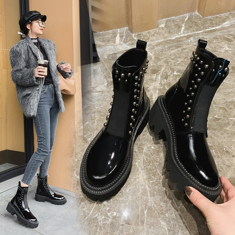 

2023 Autumn winter Women ankle boots natural leather plus size 22-26.5cm cowhide rivet modern boots Elastic fabric short boots