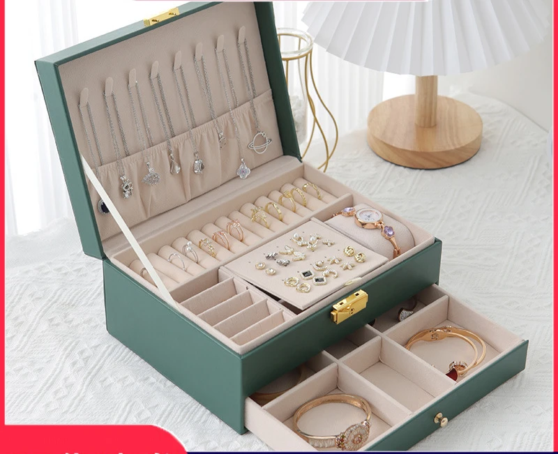 Double Drawer Type Leather Jewelry Box, High Grade Earrings Box, Ear Studs with Lock, Jewelry Storage Box