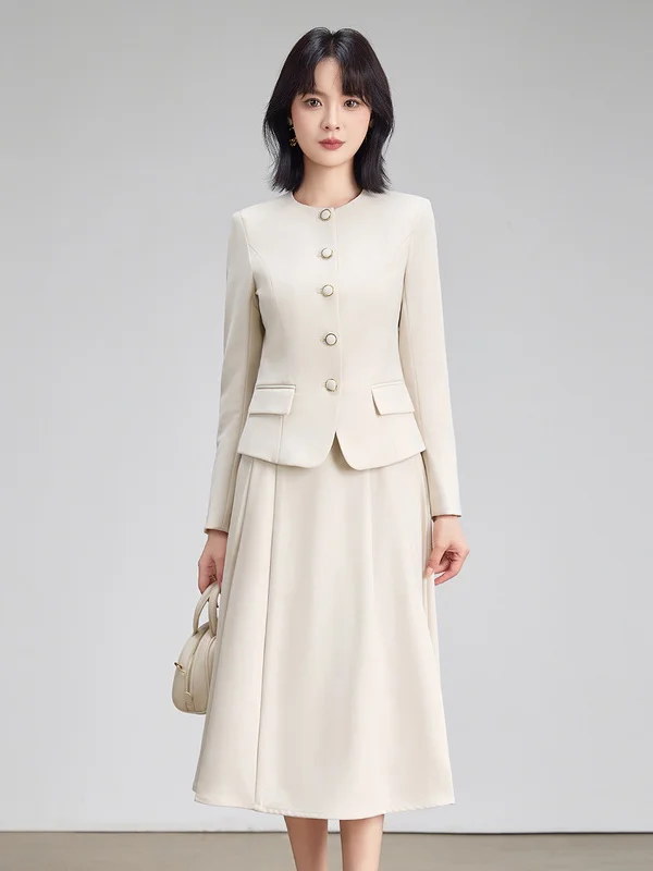 Beige Suit Set Women's Elegant Commute Formal Wear Job Interview Professional Dress Half Skirt Two Piece Set Business Casual