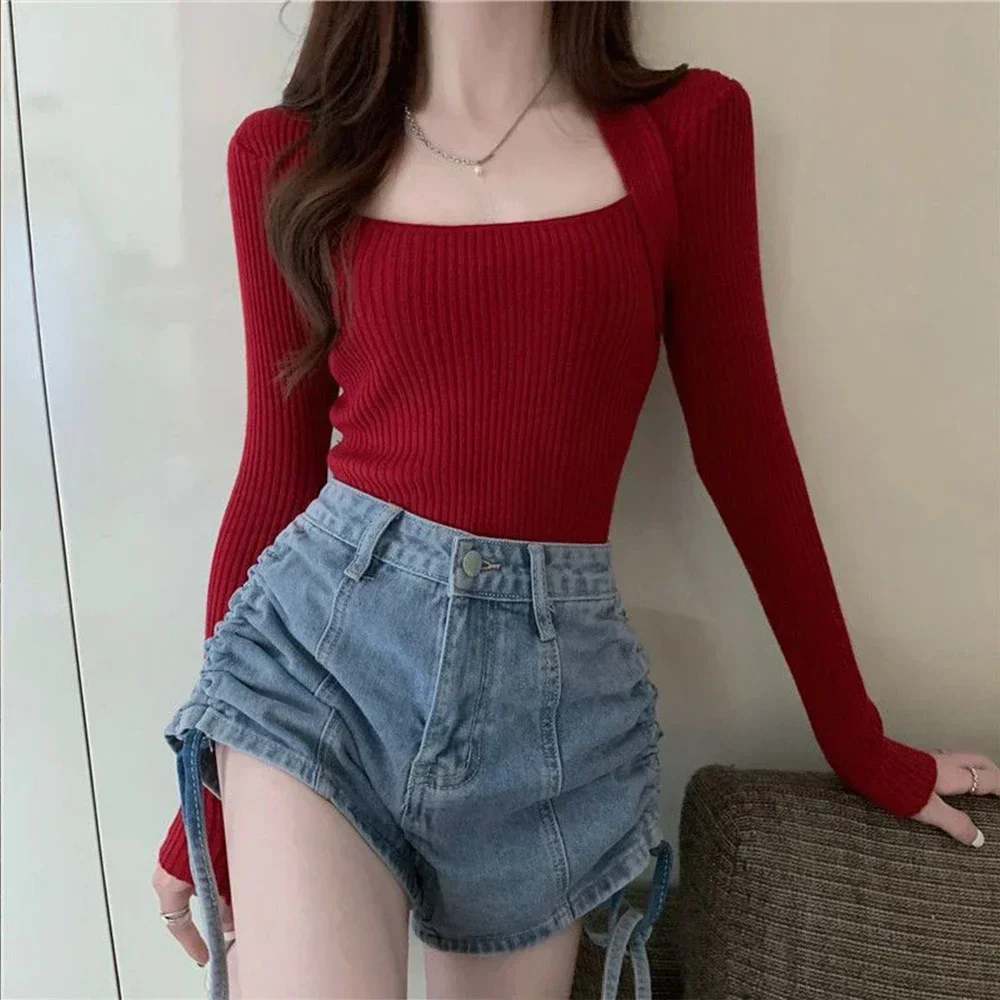 

Woman Elegant Square Neck Sweater T-shirt Girl Knitted Blouse Clothes Elegant S-XL Sexy Full Sleeve Slim Stretch Top A RAN A YUE