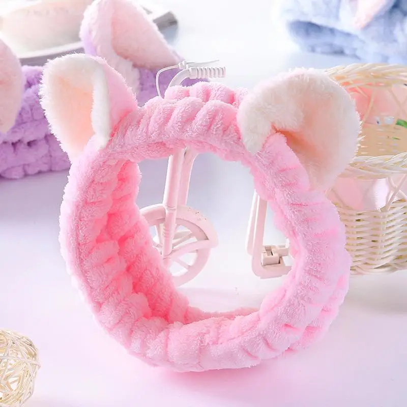 Cute Cat Ears Headbands for Women Girls Spa Hairbands Coral Fleece Makeup Head Band Face Wash Headwrap Skincare Hair Accessories