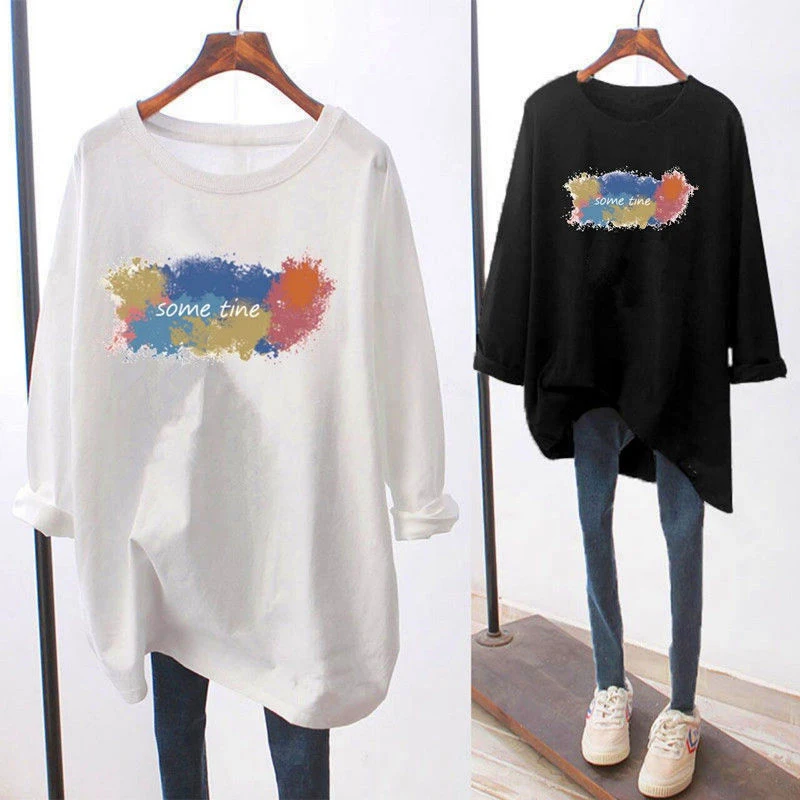 Women Simple Floral Print Oversized Streetwear Cotton T-shirts Spring Autumn Casual O Neck Long Sleeve Tunic Top Female Clothing