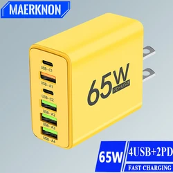 65W USB C Fast Charger Muti 6 Ports Type C PD Wall Adapter for iPhone 15 Pro Xiaomi Huawei Samsung Portable High Speed Charging