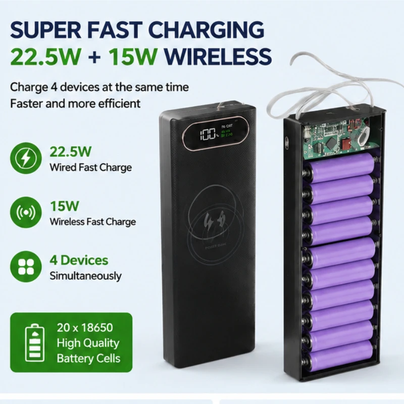 18650 Battery  20 Cell Portable Power Bank  22.5W Power Bank  Non Welding Shell  Quick Charging with Sleeve Material