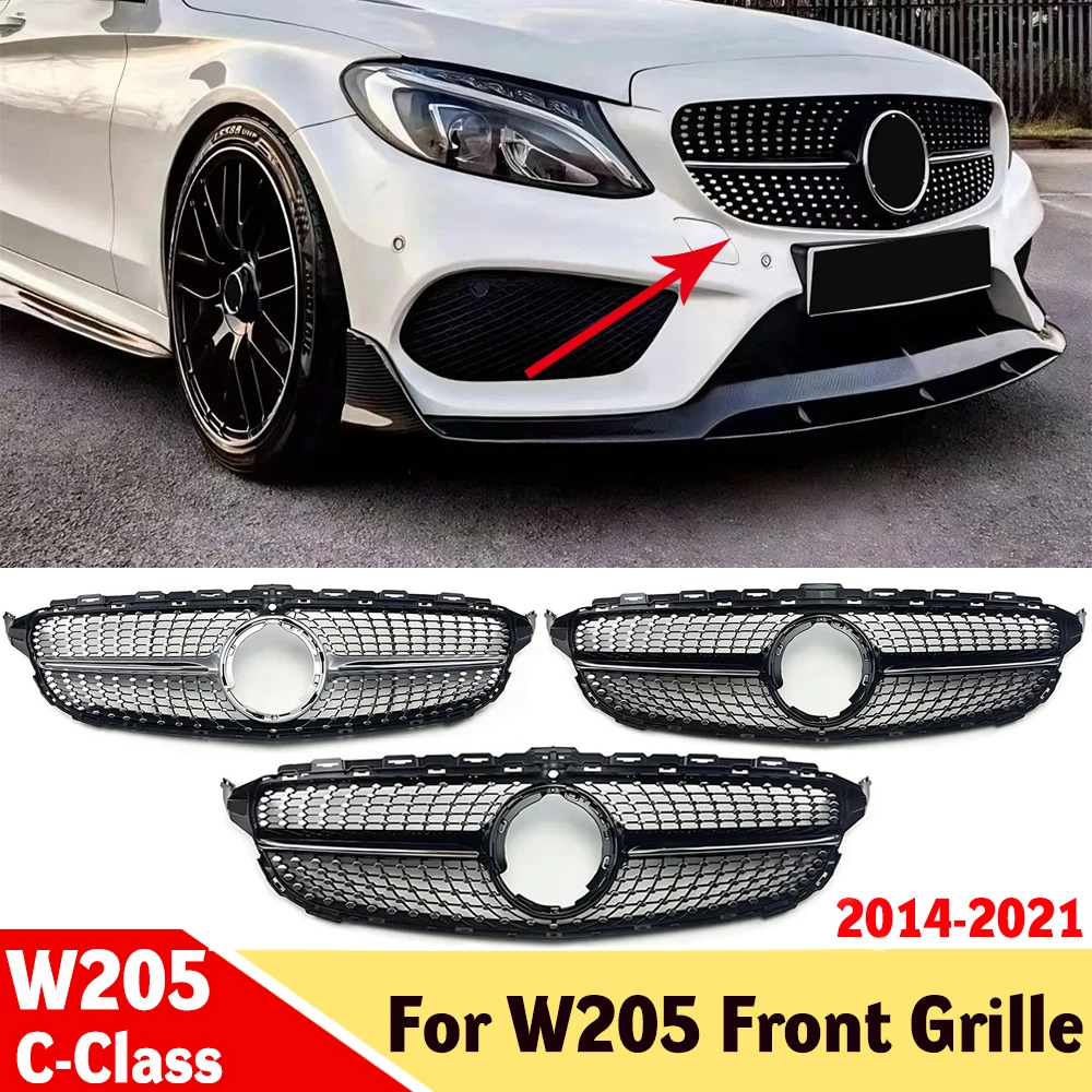 

Diamond Style Front Bumper Grille for Mercedes W205 C-Class 2014-2021 with Camera Hole, C180 C200 C300 C260 AMG Glossy Black