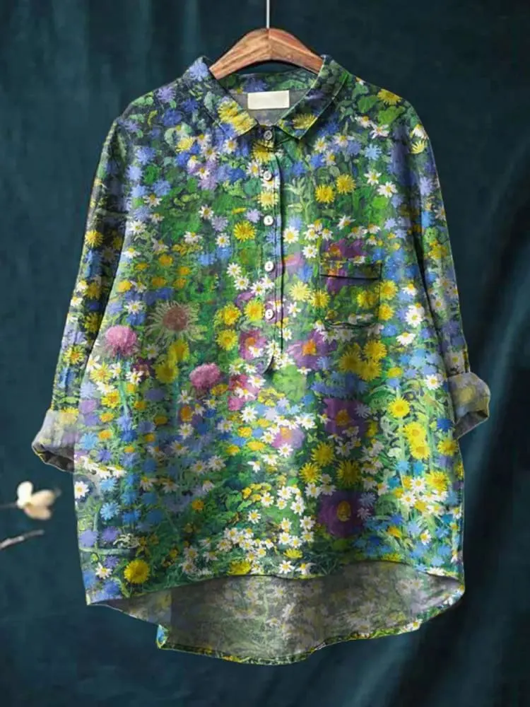 Vintage Lovely Floral Art Pattern 3D Printed Fashion Women's Lapel Long Sleeve Pocket Shirt Spring Casual open tube shirt KT-14