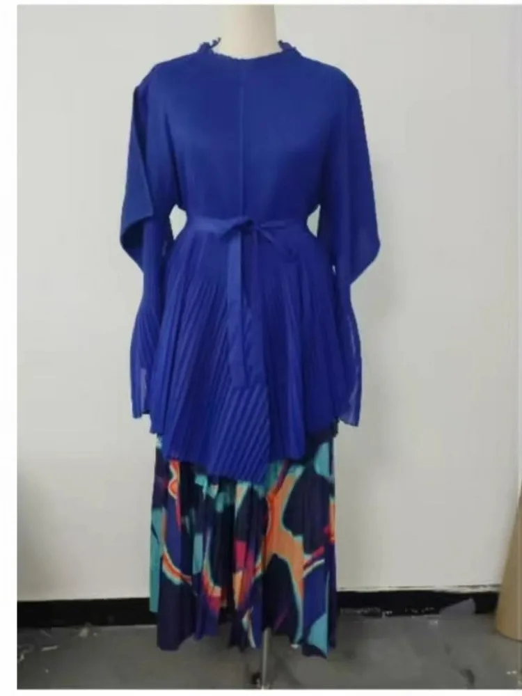 

Miyake Fashion Printed Pleated Set Women's 2025 Chic New Loose Round Neck Long Sleeve Top and Wide Leg Pants Two Pieces