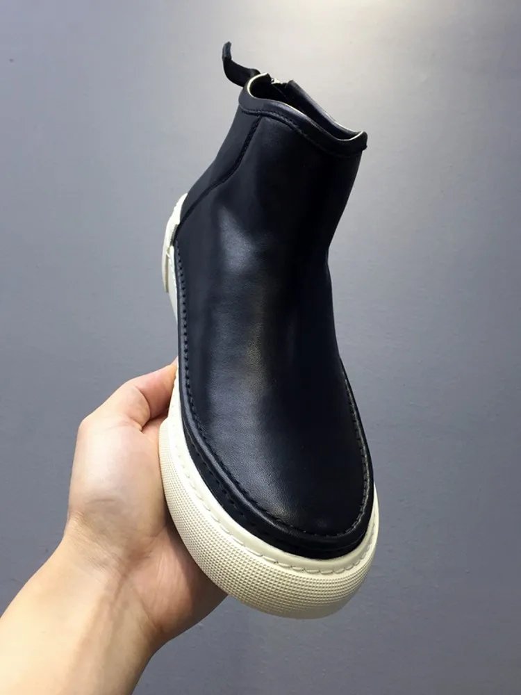 White High Top Ankle Boots Fashion Thick Platform Casual Skateboard Sneakers Softshell Cowhide Genuine Leather Work Safety Shoes