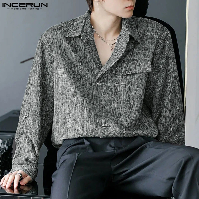 2024 Men Casual Long Sleeve Shirts INCERUN Solid Color Turn Down Collar Tops Handsome Boy Harajuku Simple Well Fitting Clothes