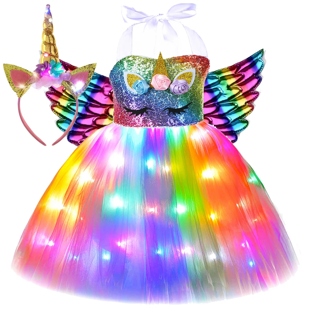 Led Light Unicorn Dress Up Costumes for Girls Christmas Halloween Outfit Princess Birthday Party Dresses Set with Wings Headband