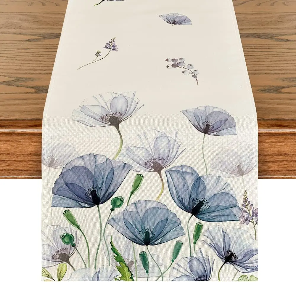 Corn Poppy Leaves Summer Linen Table Runner Seasonal Spring Dresser Scarf Table Decor Kitchen Wedding Party Dining Table Runner
