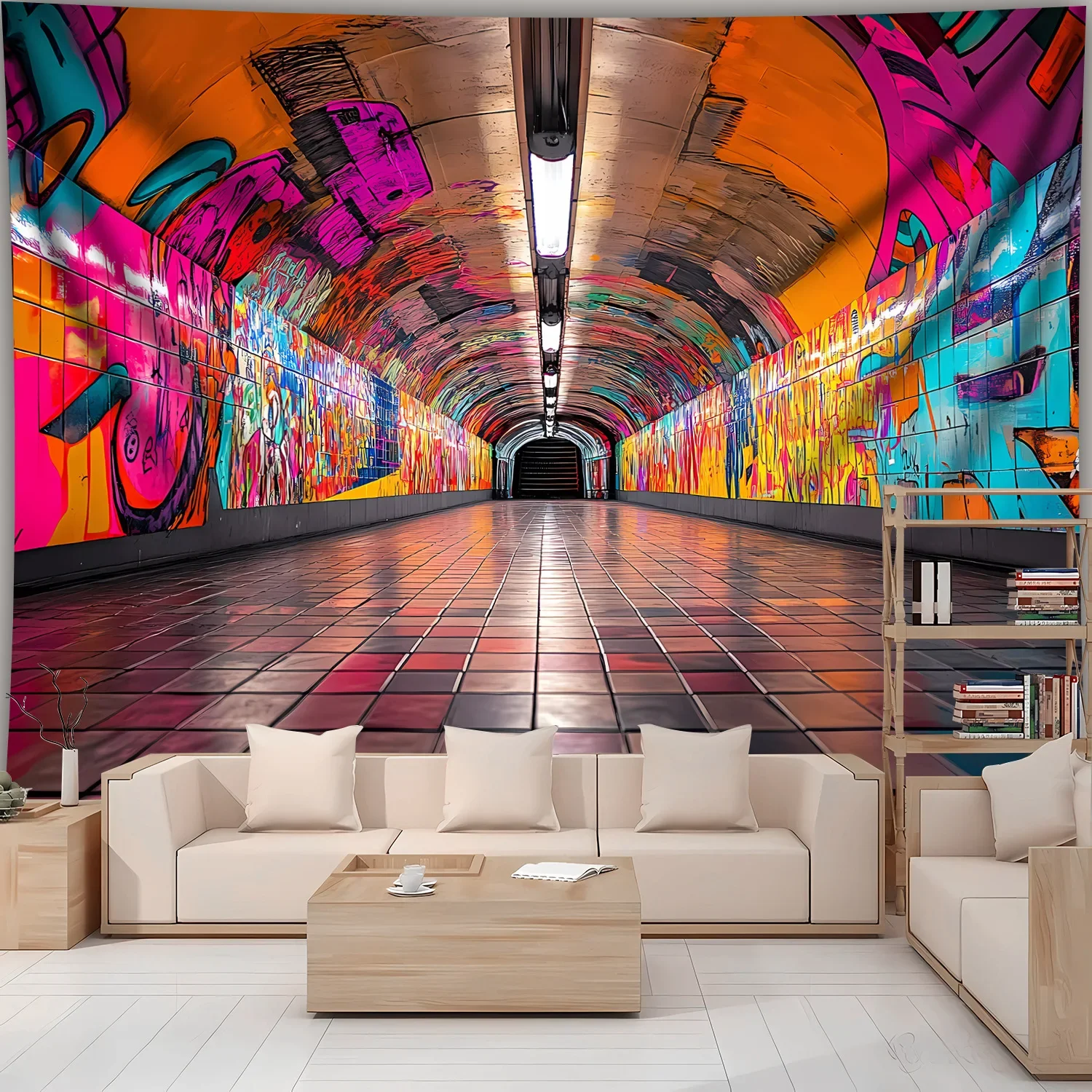 1 Pc Ultra Large Graffiti Tunnel Landscape Tapestry Vibrant Abstract Digital Print Aesthetic Polyester Wall Hanging Living