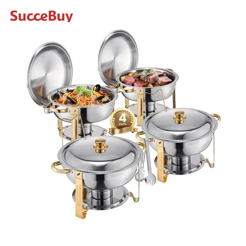 VEVOR Chafing Dish Buffet Speisenwärmer mit 4 Behältern in voller Größe (4,7 L pro), runder Catering-Wärmespender mit Deckel & Wasserpfanne & klappbarer Ständer, für Hochzeiten Partys Golden