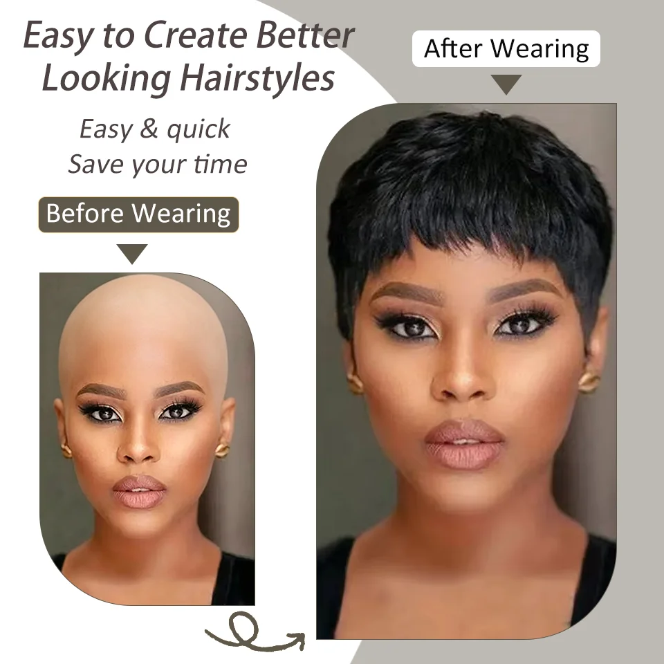 Short Straight Synthetic Wigs Natural Color Brazilian Remy Hair Pixie Cut Wig For Black Women Daily Party Halloween Christmas