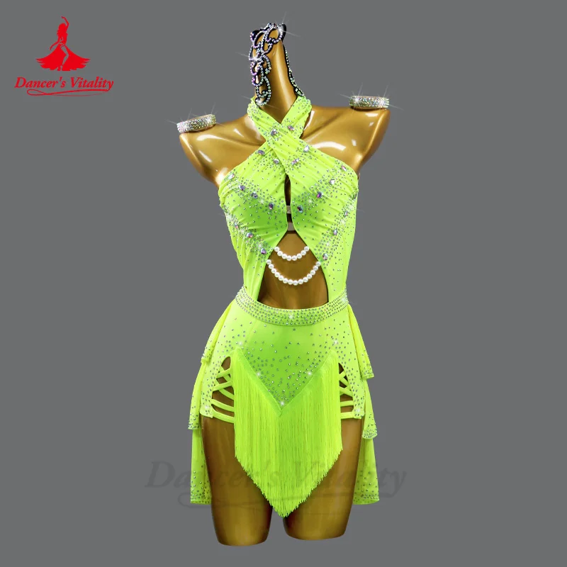 Latin Dancer Tassel Dress for Women Custom Full Stones Rumba Chacha Tango Performance Costume Skirt Adult Child Latin Dresses