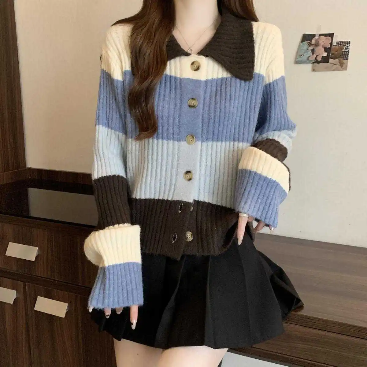 Knitted Sweater Color Block Striped Polo Collar Autumn And Winter New Large Size Women'S Versatile Slimming Tops For Women