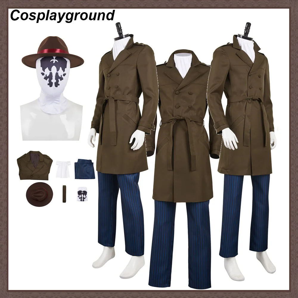 Halloween Carnival Rorschach Cosplay Men Costume Hat Adult Male Outfits Party Fancy Movie Watchman Roleplay Hat Coat Pants Suit