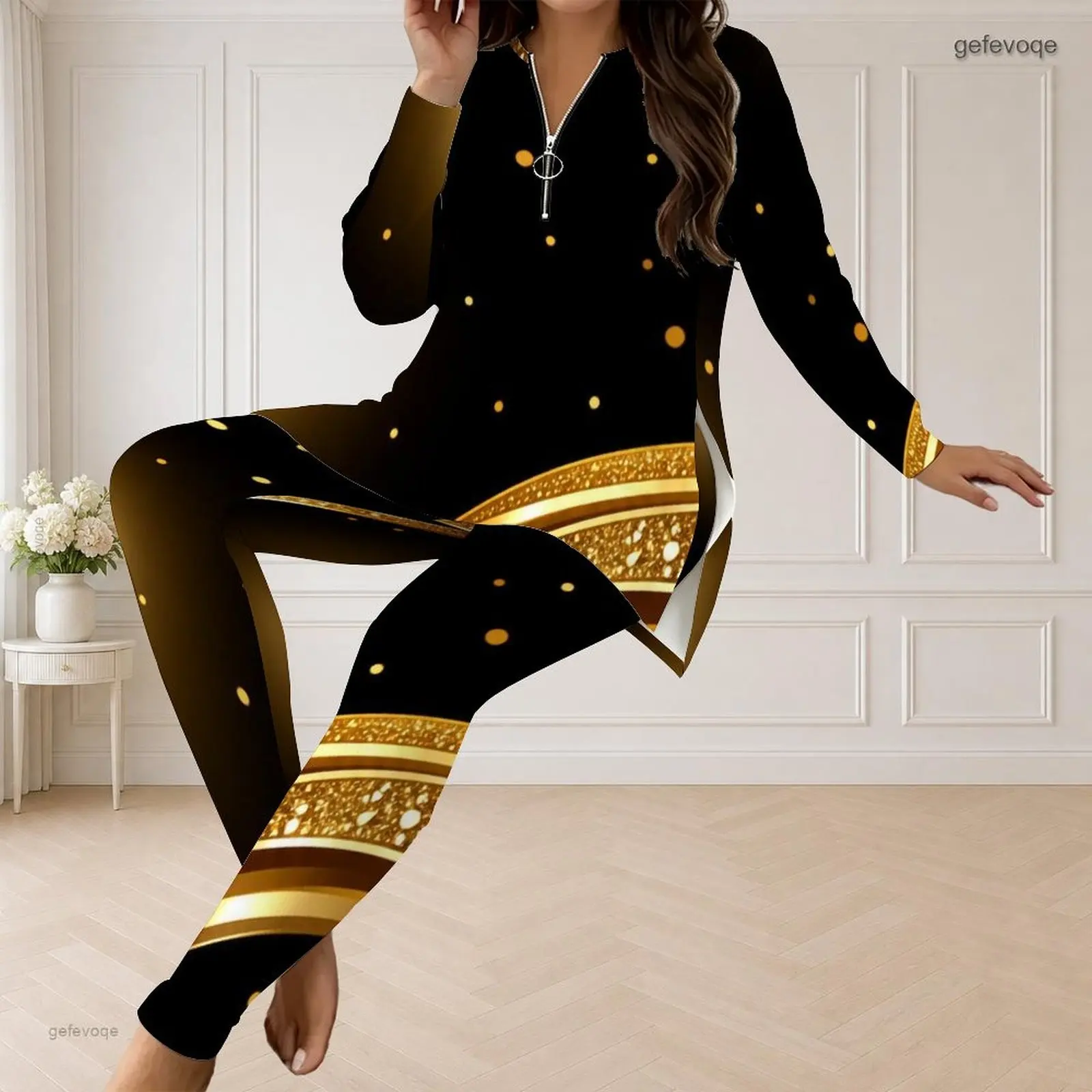 Fall Graphic Print Plus Size Sets Women V Neck Glam Black Gold Dot Stripe Plus Size Clothes Womens Clothing For Loungewear