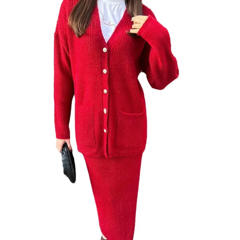 ヨーロッパとアメリカ2025秋冬エレガントカーディガンデザインセーター無地スカートセットゆったりスタイル