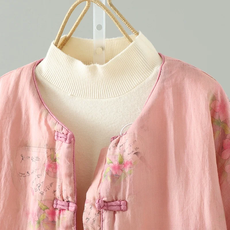 Leichtes Jaet-Winter-Oberbekleidungsoberteil aus gewebter Baumwolle mit künstlerischem Aufdruck und Knöpfen, langes Sve-Ethnic-SLE-Oberbekleidungsoberteil für Damen