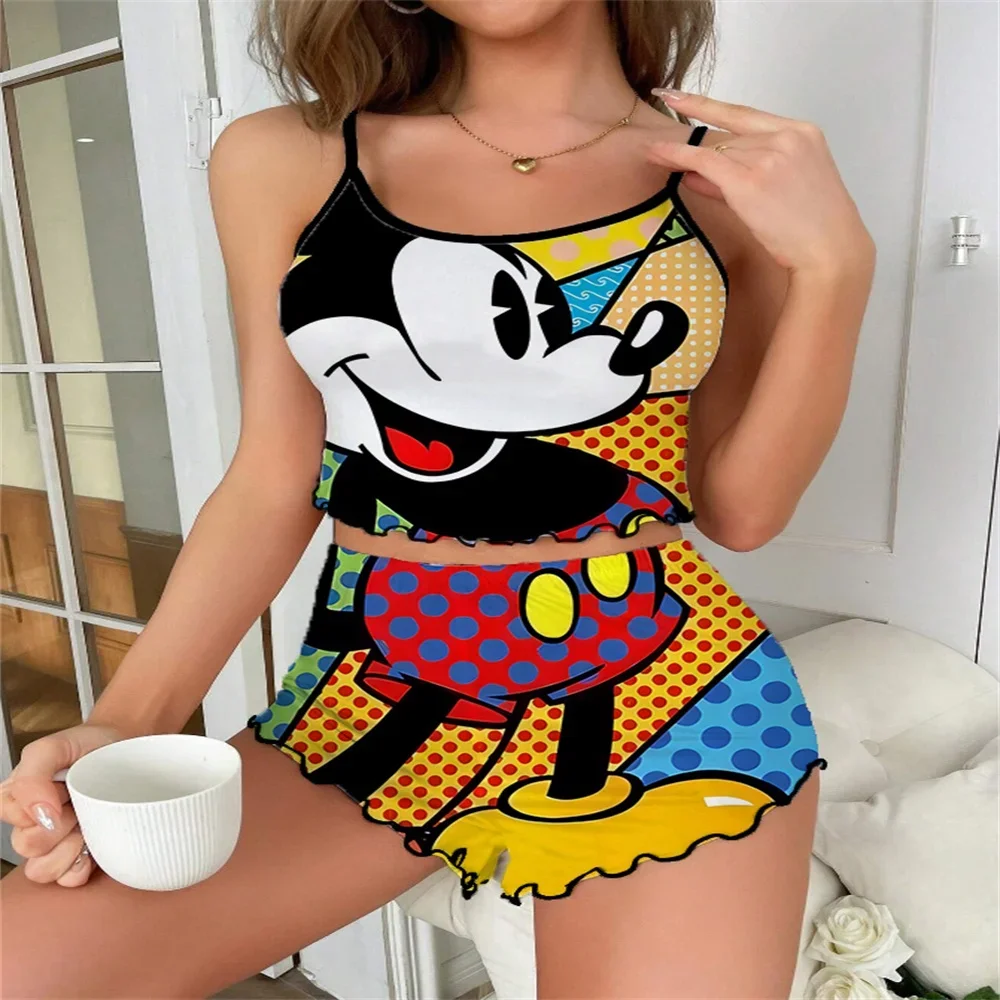 

Sexy Two Piece Set of Pajama for Women Mickey Cartoon Print Pattern Women's Nightwear New Summer Sleevesless Female Sleepwear