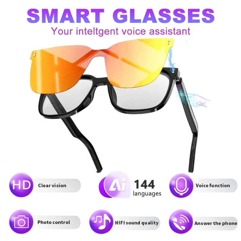 AI smart glasses with built-in translation for over 100 languages; transparent, blue-light-blocking, wireless glasses; magnetic clip-on glasses; translation controlled via an app; built-in speakers; 360 °   stereo sound