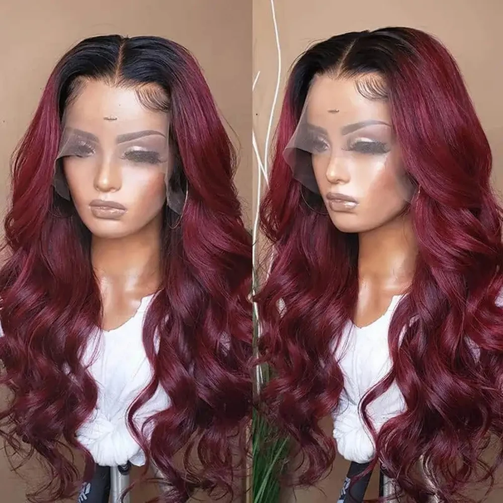 1B 99J Burgundy Body Wave Lace Front Wig 13x4 HD Transparent Lace Frontal Wig Brazilian Ombre Colored Human Hair Wigs For Women