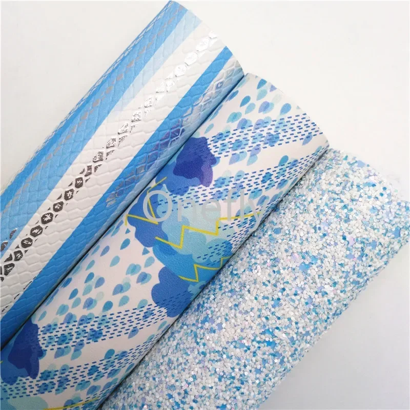 Onefly 21x29cm Blue and White Mixed Glitter Fabric, Metallic Synthetic Leather Sheets For Bow DIY  handbags shoes  BQ070