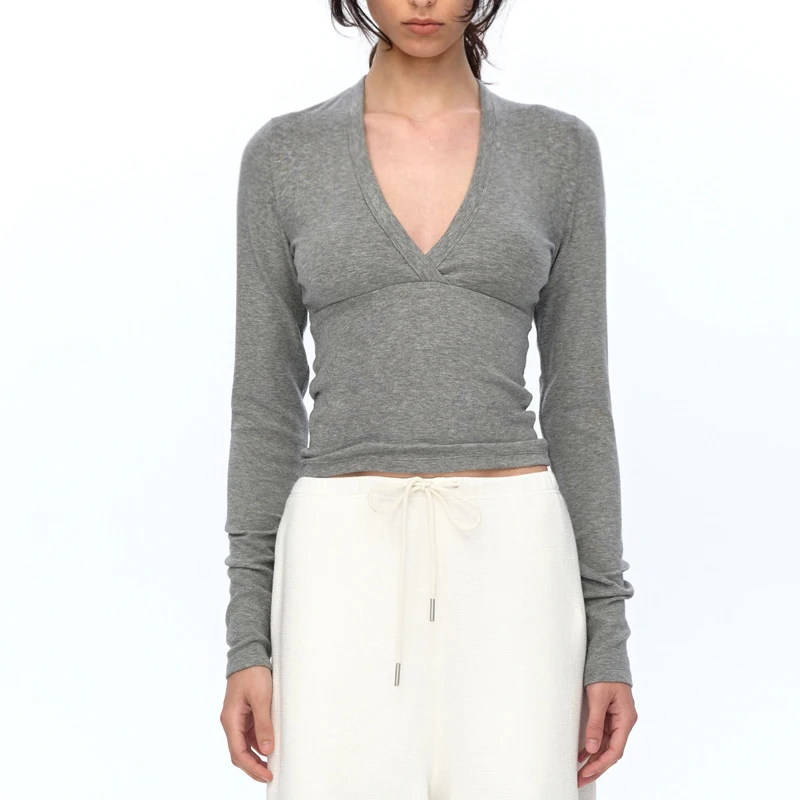 Women's Long Sleeve Deep V Neck Half Wrap Top