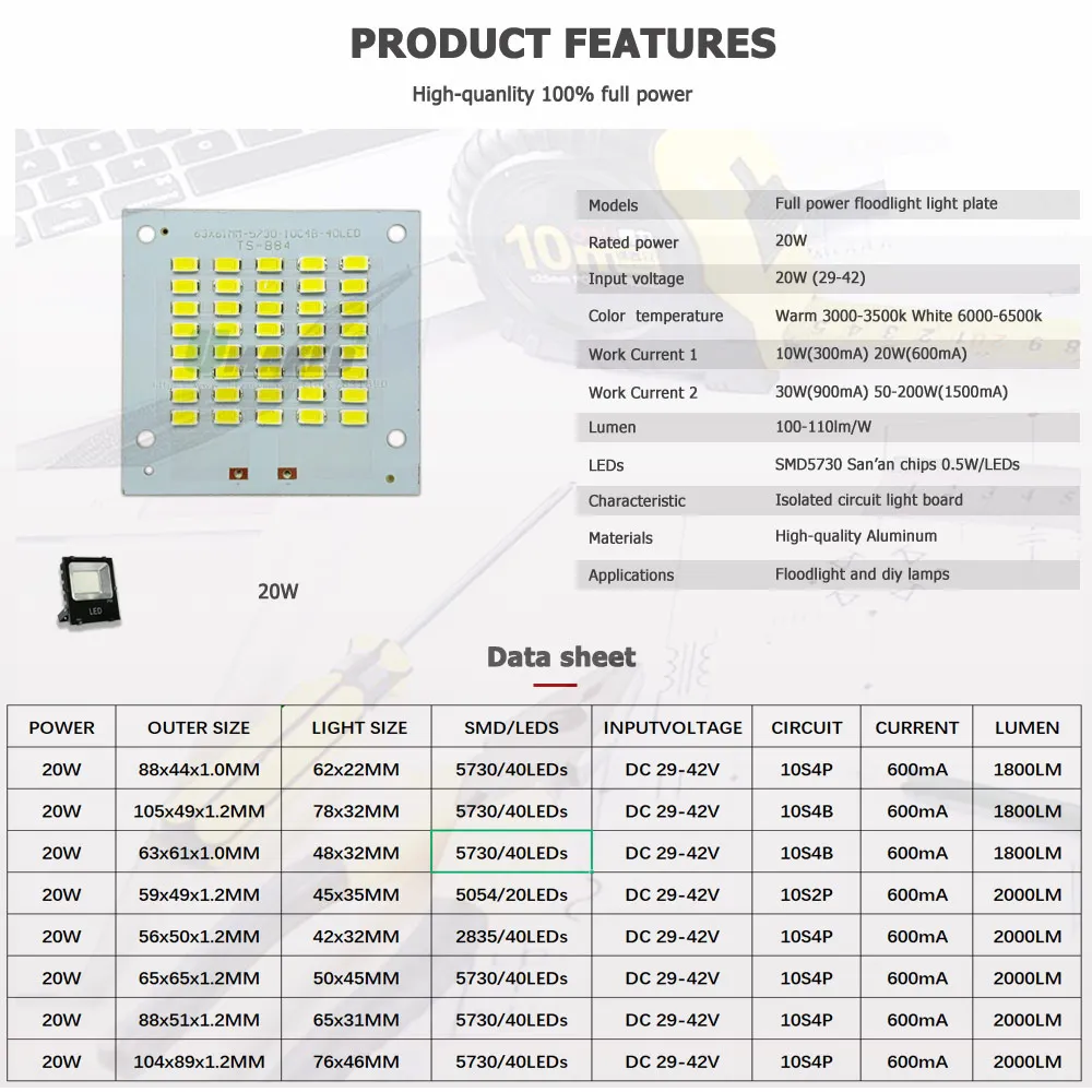 Imagem -04 - Placa Conduzida do Projector do Pwb Mais do Motorista Ac85265v Ip65 Substitui o Jogo 20w Smd5730 2835 5054 Painel de Energia Completo da Fonte Luminosa para Lâmpadas Exteriores