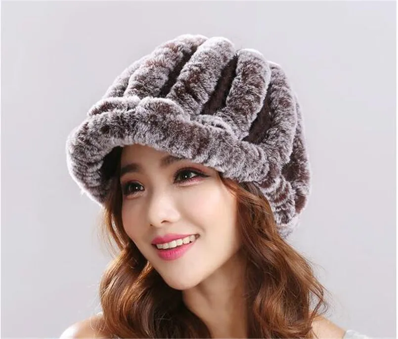 

New Knitted Genuine Rex Rabbit Fur Hats for Winter Female Warm Thick Headgear Fashion Baseball Visors