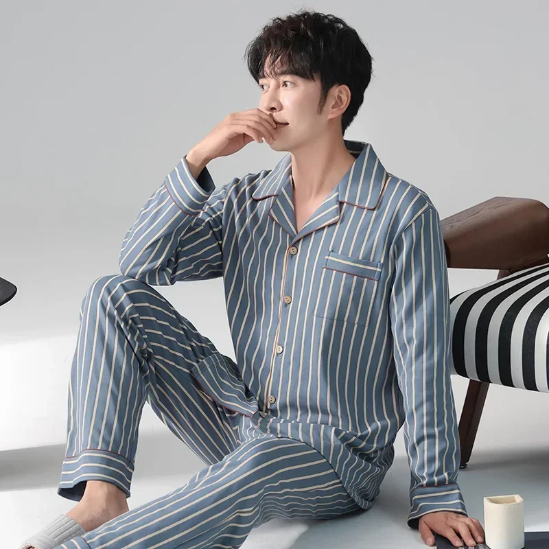 Pajamas Men's spring autumn long sleeve cardigan set Youth Boy teen young casual striped loungewear Big Size L-3XL pyjama homme