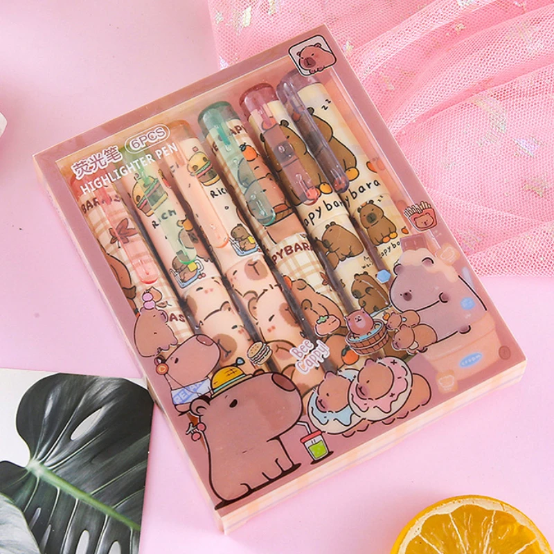 

6Pcs/Lot Cute Capybara Fluorescent Pens Student Portable Oblique Head Color Marking Pen Painting Graffiti School Stationery