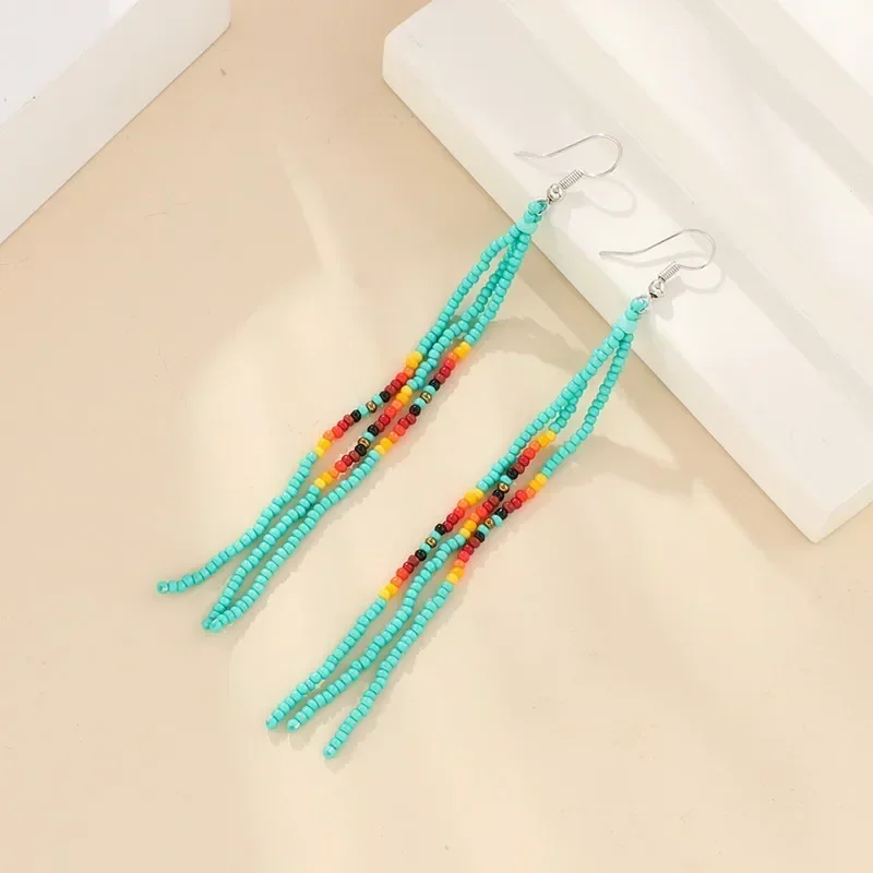 Beaded earrings Rainbow Gradient color Bohemia Alloy Hand knitting Tassel Original Fashion Simple Female Rice bead earrings