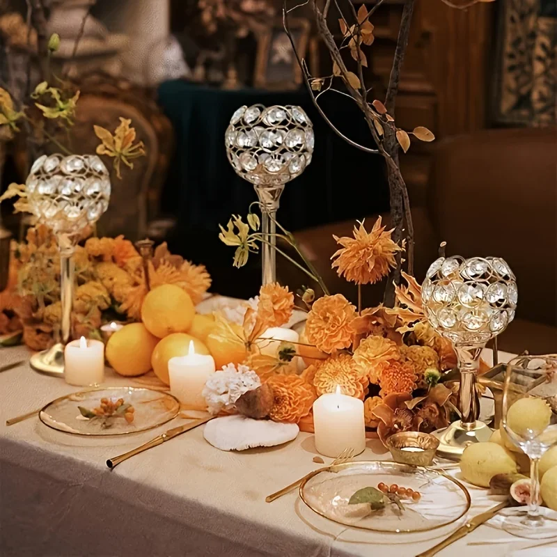 9pcs Golden Crystal Ball Metal Night Light Candle Holders Shiny Bowl Candleholder High Crystal Candle Holder Elegant Table Decor